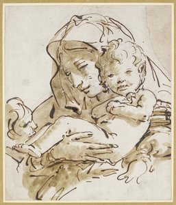 Jomfruen og barnet med spædbarnet St. John (pen og brunt blæk med brun vask over sort kridt på hvidt papir) af Giovanni Battista Tiepolo